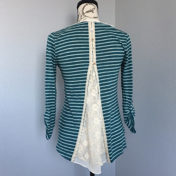 Anthropologie Meadow Rue Lace Top Stripped Teal - Picture 5 of 8
